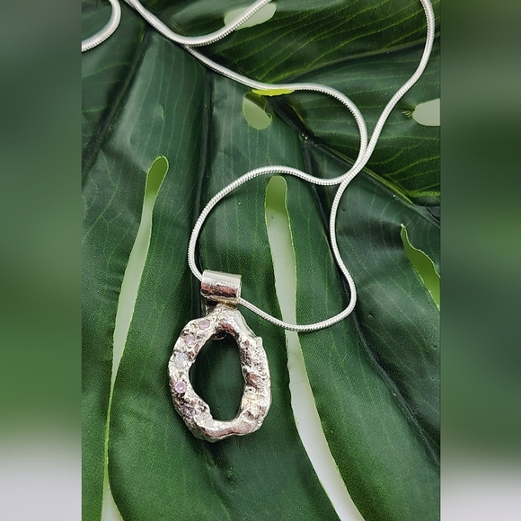 Pink Zirconia Organic Pendant Handmade in Sterling Silver 18" Sterling Chain - Picture 4 of 4